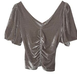 Free People Velvet Ruched‎ V Neck Puff Sleeve Top Taupe XS
